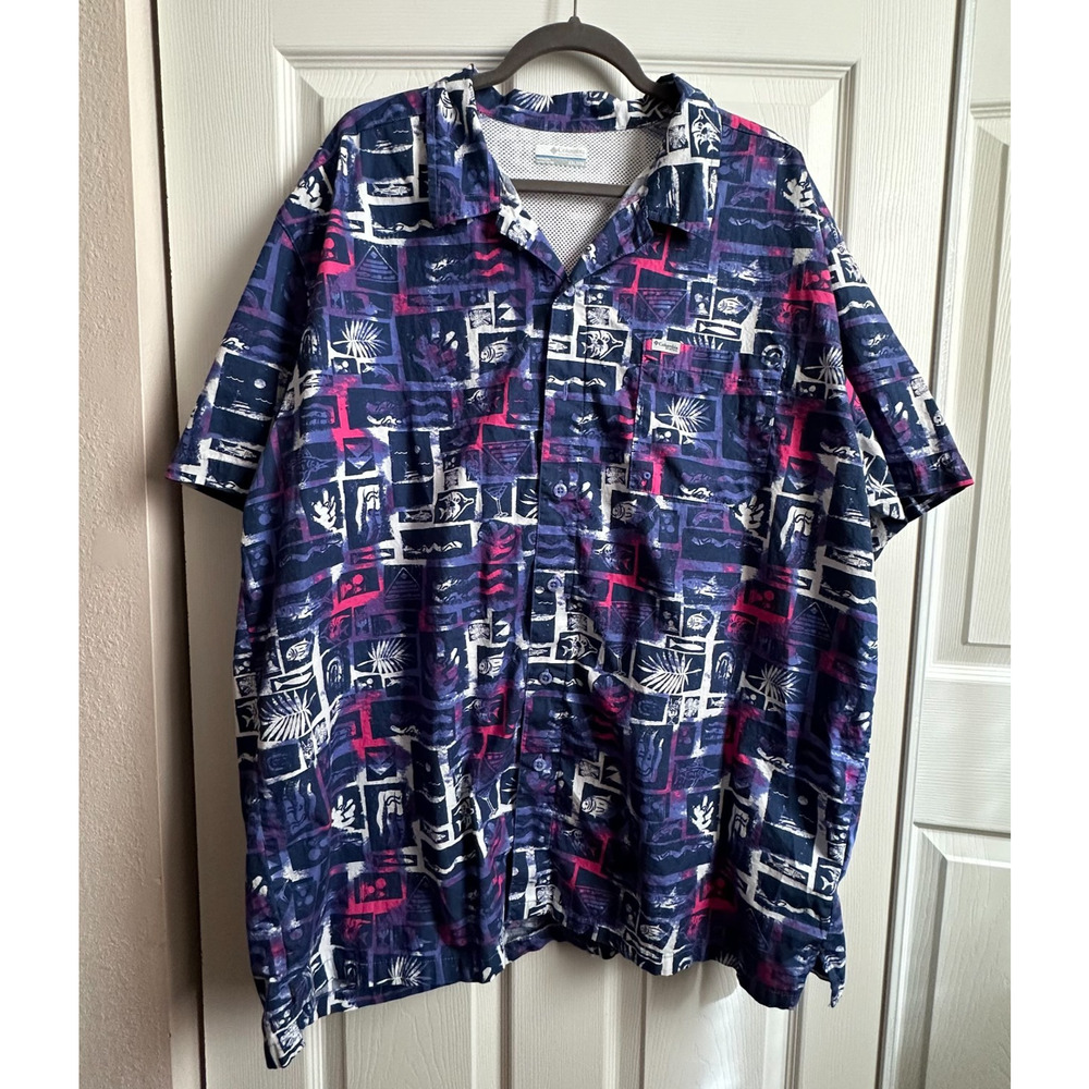 Columbia PFG Fishing Shirt Mens XXL Blue Pink Purple Tropical Print Short Sleeve